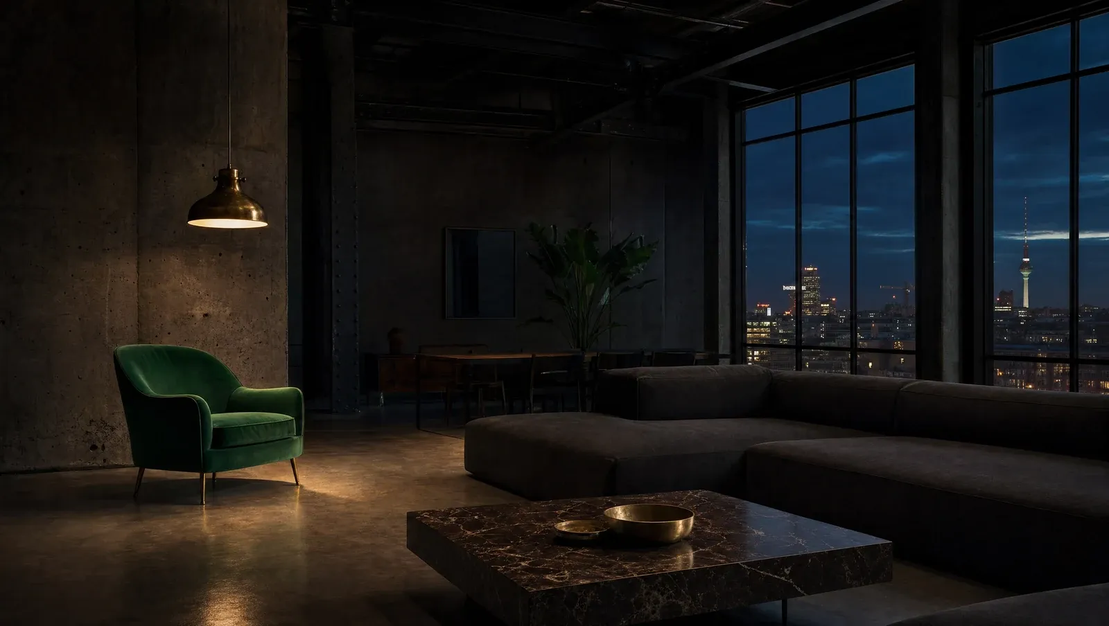 KI-generiert: Berlin-Kreuzberg Loft mit grünem Velvet-Sessel · IMMOBILIEN STUDIO